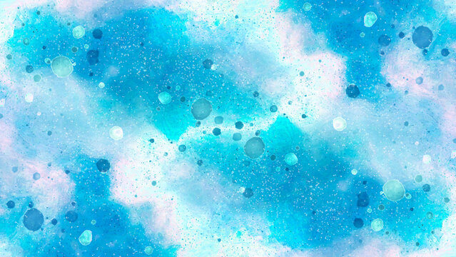 blue watercolor and bokeh paper texture. beautiful dark gradient hand drawn by brush grunge background. watercolor wash aqua painted texture close up, grungy design. blue nebula sparkle star universe.