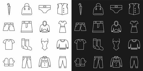 Set line Pants, Sweater, Woman dress, Men underpants, Skirt, Short or, Umbrella and Hoodie icon. Vector