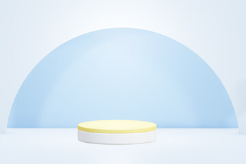 White and yellow podium with half circle background for product display presentation ,isolated on blue background , illustration 3D Rendering