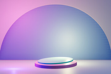 Podium pink and blur color with half circle background for product display presentation , isolated on pink and blue background , illustration 3D Rendering