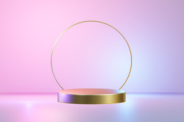 Podium gold color with ring , abstract background for product display presentation, isolated on pink and blue background , illustration 3D Rendering