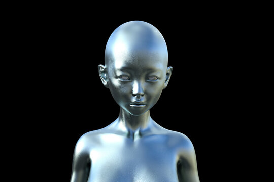 Silver bald alien humanoid on a black background.