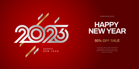 Vector illustration with gold color 2023 sign for flyer template, greeting card, poster, banner or social media. Logo for Happy New Year and Merry Christmas.