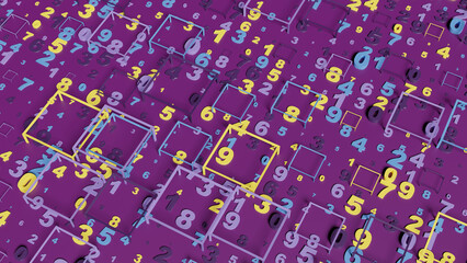  Statistics concept. Collecting, forecasting and segmentation of big data. Many random numbers on plane. 3d illustration.