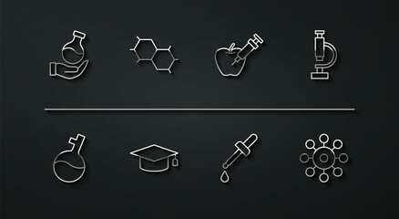Set line Test tube, Microscope, Pipette, Graduation cap, Chemical formula, Virus and Genetically modified apple icon. Vector