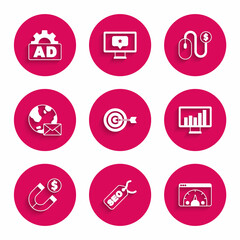 Set Target, SEO optimization, Website statistic, Monitor with graph chart, Magnet money, Earth globe mail, Advertising and icon. Vector