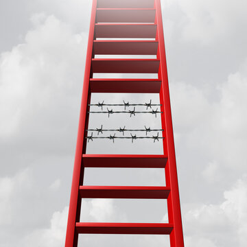 Challenges to success business metaphor and Startup problem climbing a ladder with barbed wire obstacles