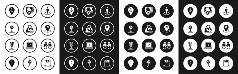 Set Location with person, Folded map location marker, Turn back road sign, anchor, house, City navigation, Binoculars and Traffic light icon. Vector