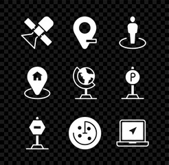 Set Satellite, Location, with person, Stop sign, Radar targets monitor, Laptop location marker, house and Earth globe icon. Vector