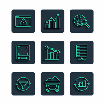 Set line Sales funnel with chart, Coal mine trolley, Pie infographic, Search globe, Financial growth decrease, Server, Browser exclamation mark and icon. Vector