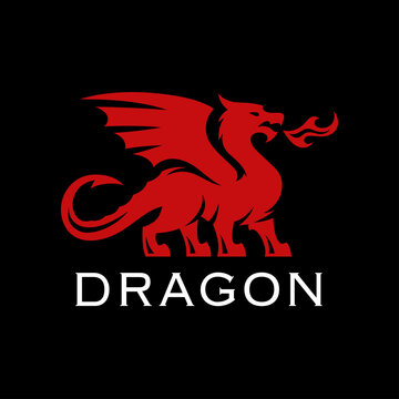 Red dragon icon. Simple winged serpent logo. Fantasy creature symbol. Mythological fire breathing beast emblem. Vector illustration.