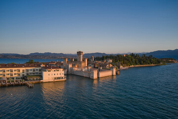 Aerial view of Scaligero Castle at sunrise. Sirmione on Lake Garda, Italy.