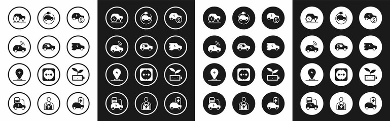 Set Electric car price, Smart system, service, Eco nature leaf battery and Charging parking electric icon. Vector