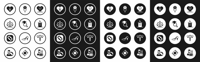 Set Gender, Teacher, equality, Heart with female, Debate podium rostrum, Feminism finance, Female reproductive system and Sanitary napkin icon. Vector