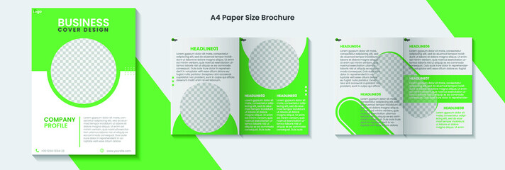 Green color brochure creative design. Multipurpose template, include cover, back and inside pages. Trendy minimalist flat geometric design.gradient circle Minimal brochure layout. A4 size brochure.