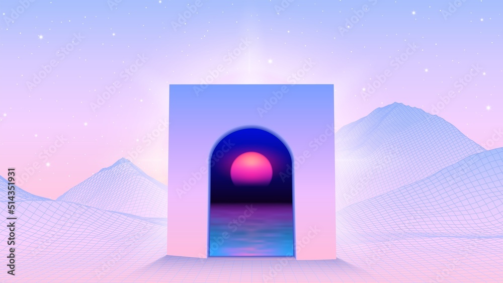 Aufkleber abstract vaporwave scene with arch or gate to another world with synthwave sunset. 80s gaming mounta
