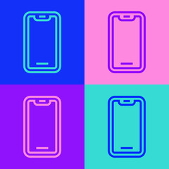Pop art line Smartphone, mobile phone icon isolated on color background. Vector