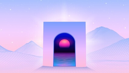 Abstract vaporwave scene with arch or gate to another world with synthwave sunset. 80s gaming mountain landscape with window or sureal portal