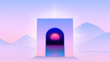 Foto op Plexiglas Abstracte vaporwave-scène met boog of poort naar een andere wereld met synthwave-zonsondergang. Jaren 80 gaming-berglandschap met raam of zeker portaal © swillklitch