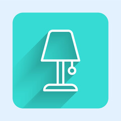 White line Table lamp icon isolated with long shadow background. Night light. Green square button. Vector
