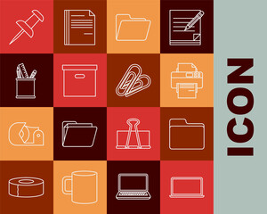 Set line Laptop, Document folder, Printer, Carton cardboard box, Pencil case stationery, Push pin and Paper clip icon. Vector