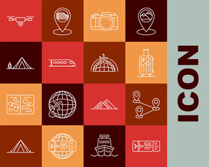 Set line Airline ticket, Route location, Suitcase for travel and stickers, Photo camera, Train, Tourist tent with wood fire, Drone flying action video and Globe plane icon. Vector