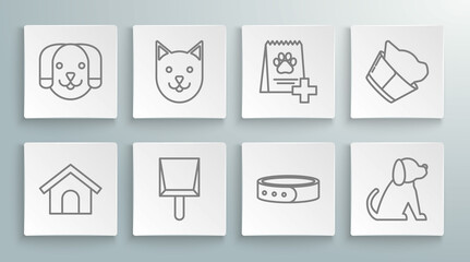 Set line Dog house, Cat, Dustpan, Collar with name tag, Bag of food for dog, Veterinary clinic symbol and icon. Vector