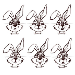 Character. Emotions, emoji, facial expression. Angle, posture, character. Rabbit, stickers with poses, Coloring book for children and adults. Children's style. For book, magazine, stickers. Stock  - 514352520