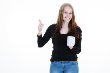 woman with brown cardboard cup of coffee and pointing thumbs up with blank space aside