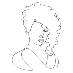 Line Art Woman Face Drawing. Black Woman Vector. Afro American Female Logo. Contouring Line. Minimalist Face. Beauty salon