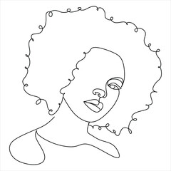Line Art Woman Face Drawing. Black Woman Vector. Afro American Female Logo. Contouring Line. Minimalist Face. Beauty salon