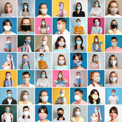 Collage with photos of people wearing protective face masks on different color backgrounds