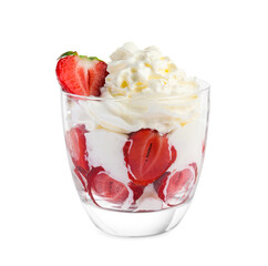 Tasty dessert of fresh strawberries and whipped cream in glass isolated on white