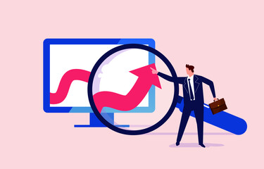 Businessman hand touching data arrow through magnifying glass hope business business data growth and rapid development, business data analysis and business investment skills
