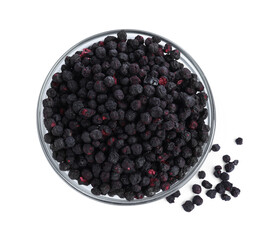 Freeze dried blueberries in bowl on white background, top view