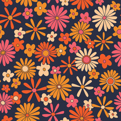Hippie seamless vector pattern. Nostalgic retro 70s groovy print. Vintage floral background. Textile and surface design with old fashioned hand drawn naive geometric flowers