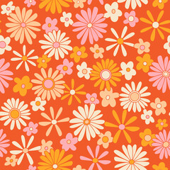 Hippie seamless vector pattern. Nostalgic retro 70s groovy print. Vintage floral background. Textile and surface design with old fashioned hand drawn naive geometric flowers