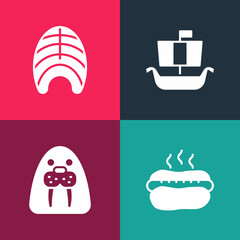 Set pop art Hotdog sandwich, Walrus animal, Viking ship Drakkar and Fish steak icon. Vector