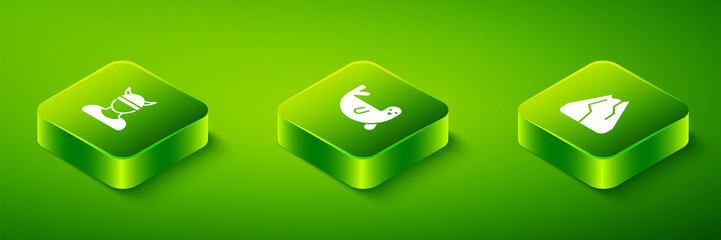 Set Isometric Fur seal animal, Mountains and Viking head icon. Vector