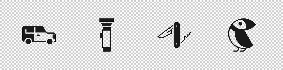 Set Car, Flashlight, Swiss army knife and Albatross icon. Vector