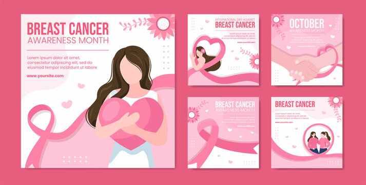 Breast Cancer Awareness Month Social Media Post Template Flat Cartoon Background Vector Illustration