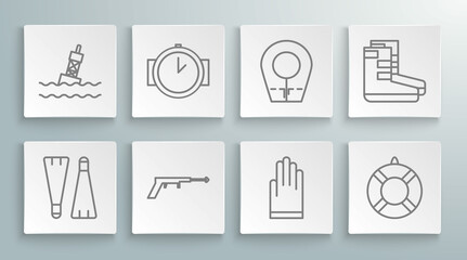 Set line Rubber flippers for swimming, Diving watch, Fishing harpoon, Gloves, Lifebuoy, hood, Boots and Floating the sea icon. Vector © Oksana