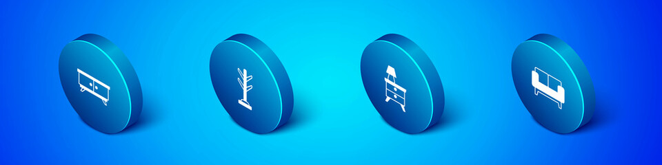 Set Isometric Furniture nightstand, Nightstand with lamp, Sofa and Coat icon. Vector