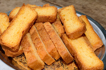 Crunchy Rusk or Toast for healthy life, Traditional biscuit , toast bread, crunchy toast, crispy milk rusk, toast plate on the table