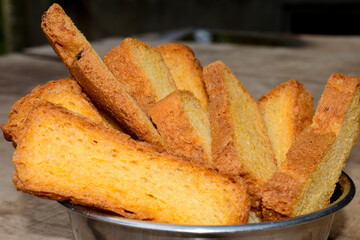 Crunchy Rusk or Toast for healthy life, Traditional biscuit , toast bread, crunchy toast, crispy milk rusk, toast plate on the table