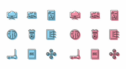 Set line Router and wi-fi signal, Tablet with text 5k, Computer monitor screen, Drone, Video graphic card, Processor and Laptop icon. Vector