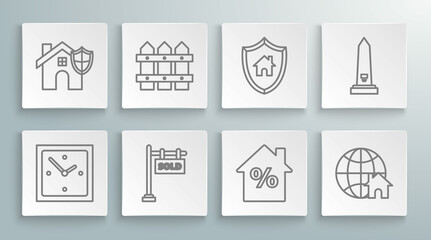 Set line Clock, Garden fence wooden, Hanging sign with text Sold, House percant discount tag, Globe house symbol, shield, Washington monument and icon. Vector