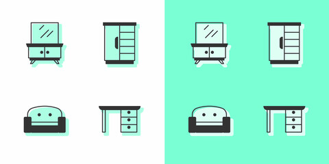 Set Office desk, Dressing table, Armchair and Wardrobe icon. Vector