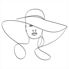 Abstract linear woman in hat. Minimal portrait. Head fashionable accessory. One line continuous. Beauty and glamour concept. Cap headgears for lady. Hand drawn vector illustration.