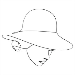 Abstract linear woman in hat. Minimal portrait. Head fashionable accessory. One line continuous. Beauty and glamour concept. Cap headgears for lady. Hand drawn vector illustration.